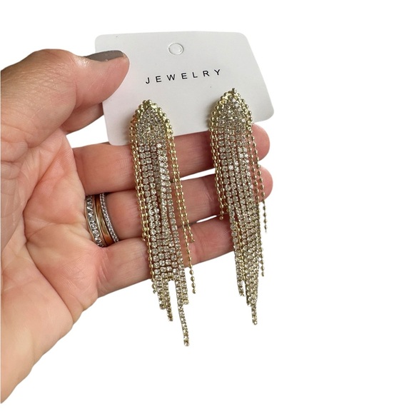 Gold and Rhinestone Long Tassled Earrings - Picture 2 of 3